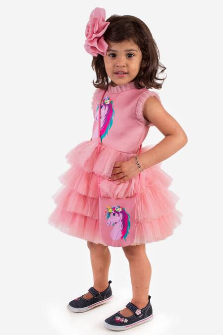 Shop_Miakki_Pink Net, Satin Unicorn Motif Ruffle Dress_Online_at_Aza_Fashions