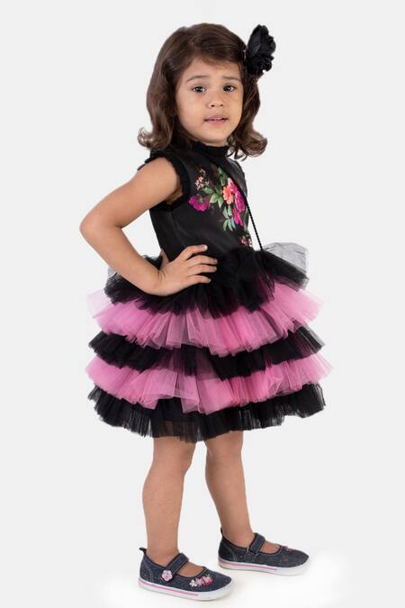 Miakki_Black Net, Satin Embroidery Floral Print Ruffle Dress_Online_at_Aza_Fashions