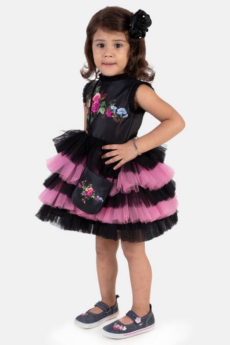 Buy_Miakki_Black Net, Satin Embroidery Floral Print Ruffle Dress_Online_at_Aza_Fashions