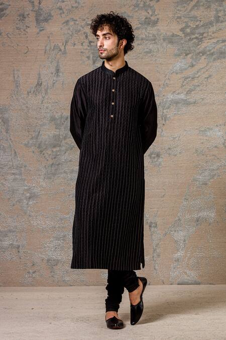 Devnaagri Black Cotton, Chanderi Kurta Set Online at Aza Fashions Devnaagri_Black Cotton, Chanderi Kurta Set _Online_at_Aza_Fashions