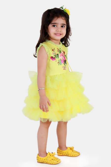 Miakki_Yellow Net, Satin Embroidery Floral Print Ruffle Dress_Online_at_Aza_Fashions