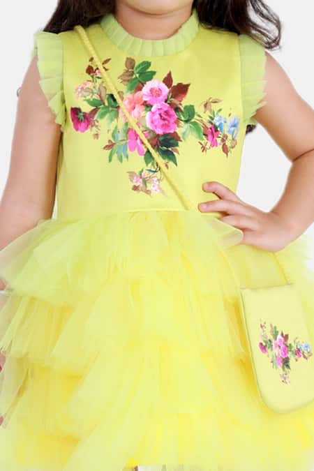Shop_Miakki_Yellow Net, Satin Embroidery Floral Print Ruffle Dress_Online_at_Aza_Fashions