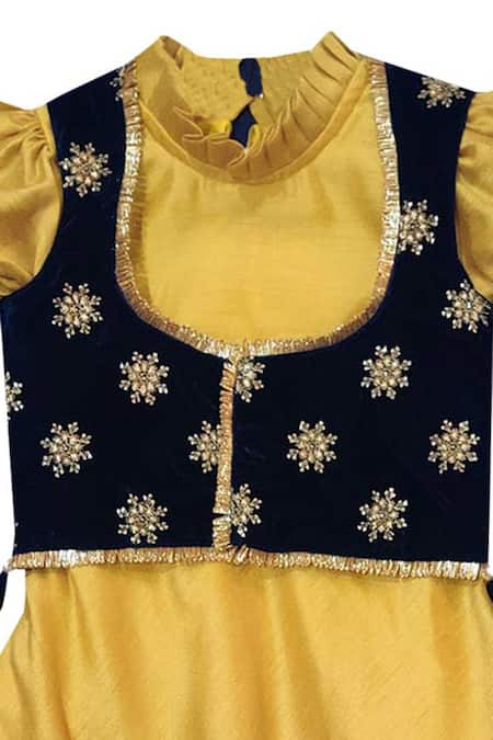 Maaikid Yellow Chanderi, Velvet Embroidery Dress With Jacket at Aza Fashions Maaikid_Yellow Chanderi, Velvet Embroidery Dress With Jacket _at_Aza_Fashions