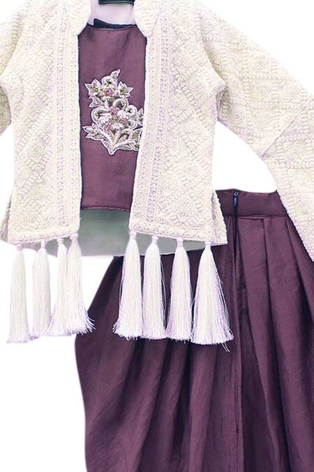 Shop Maaikid White Net, Silk Tassels, Beads Embroidered Jacket And Dhoti Pant Set Online at Aza Fashions Shop_Maaikid_White Net, Silk Tassels, Beads Embroidered Jacket And Dhoti Pant Set _Online_at_Aza_Fashions