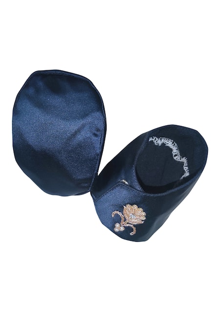 Maaikid Navy Embroidery, Zari, Pearls Floral Overlap Booties Online at Aza Fashions Maaikid_Navy Embroidery, Zari, Pearls Floral Overlap Booties _Online_at_Aza_Fashions