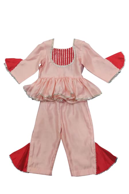 Maaikid Pink Chanderi, Cotton Gota Patti Kurta And Palazzo Set