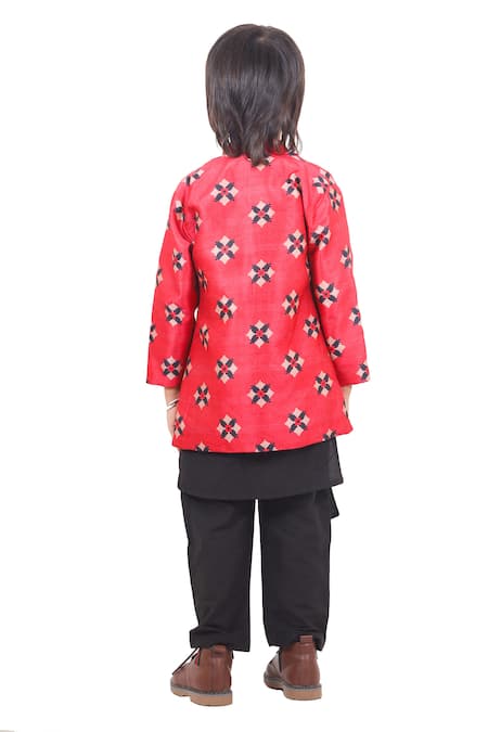 Shop Maaikid Red Cotton, Silk Geometric Printed Bundi And Kurta Set at Aza Fashions Shop_Maaikid_Red Cotton, Silk Geometric Printed Bundi And Kurta Set _at_Aza_Fashions