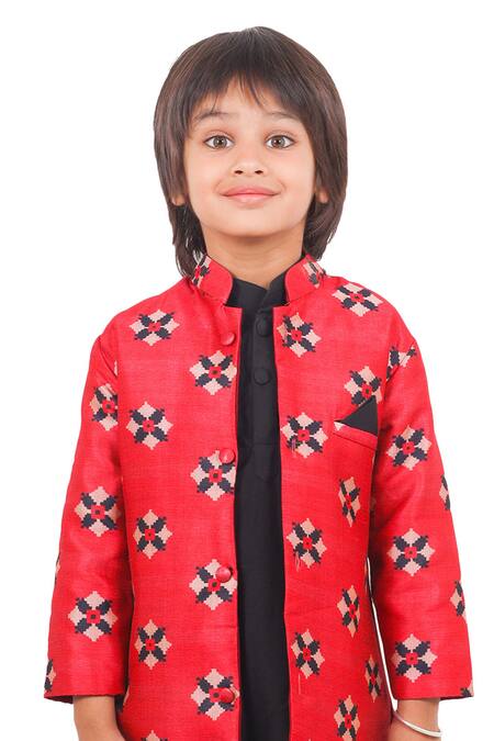 Shop Maaikid Red Cotton, Silk Geometric Printed Bundi And Kurta Set Online at Aza Fashions Shop_Maaikid_Red Cotton, Silk Geometric Printed Bundi And Kurta Set _Online_at_Aza_Fashions