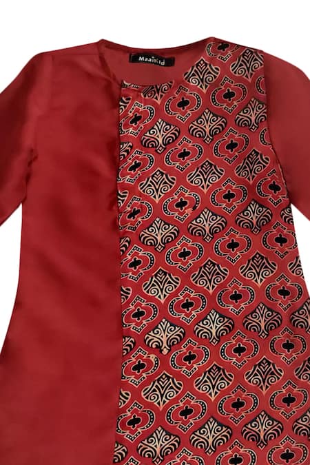 Maaikid Red Modal, Silk, Cotton Embroidery Printed Asymmetric Kurta Set at Aza Fashions Maaikid_Red Modal, Silk, Cotton Embroidery Printed Asymmetric Kurta Set _at_Aza_Fashions