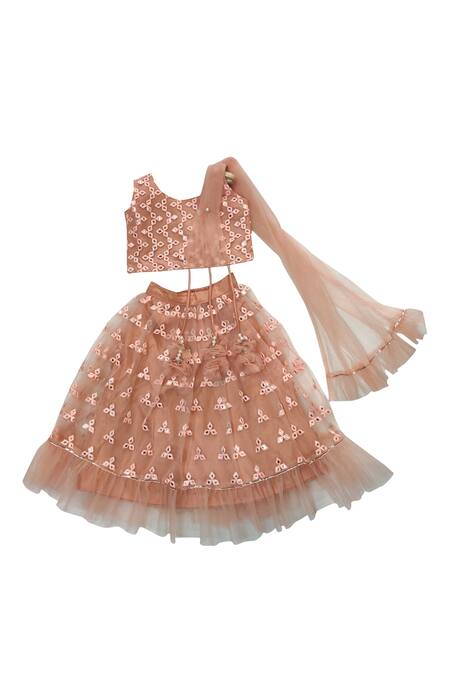 Maaikid_Brown Net, Silk Embroidery, Pearls, Mirrors Lehenga Set _Online_at_Aza_Fashions