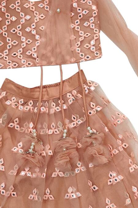 Maaikid_Brown Net, Silk Embroidery, Pearls, Mirrors Lehenga Set _at_Aza_Fashions