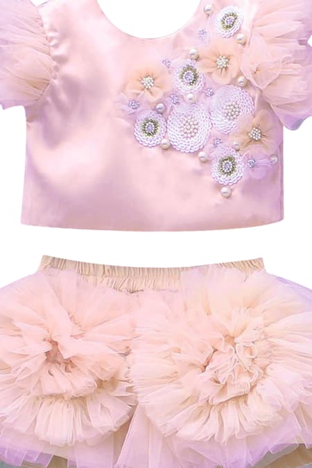 Maaikid_Peach Net, Brocade Beads, Embroidery, Fringe Frill Skirt Set _Online_at_Aza_Fashions