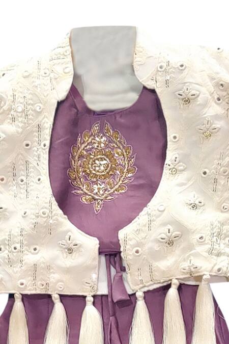 Maaikid White Georgette, Silk Embroidery, Tassels Jacket And Palazzo Set at Aza Fashions Maaikid_White Georgette, Silk Embroidery, Tassels Jacket And Palazzo Set _at_Aza_Fashions