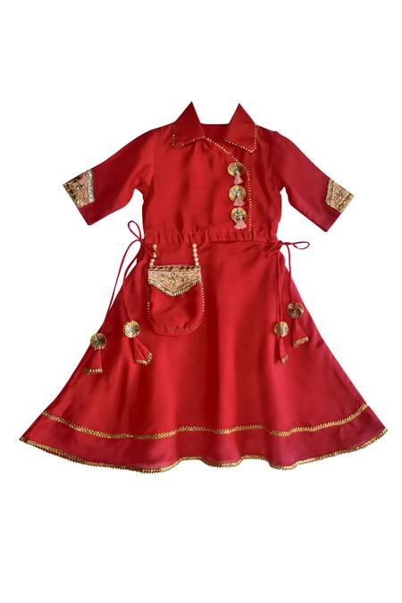 Shop Maaikid Red Chanderi, Cotton Embroidery Dress Online at Aza Fashions Shop_Maaikid_Red Chanderi, Cotton Embroidery Dress _Online_at_Aza_Fashions