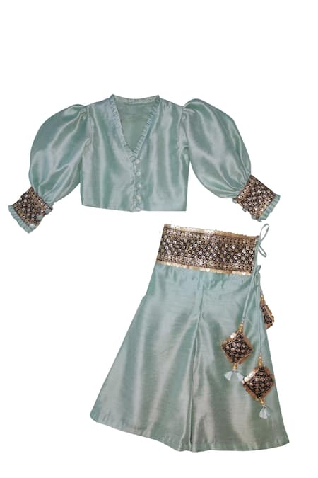 Shop_Maaikid_Green Chanderi, Cotton Sequins, Embroidery, Tassels Palazzo Set _Online_at_Aza_Fashions