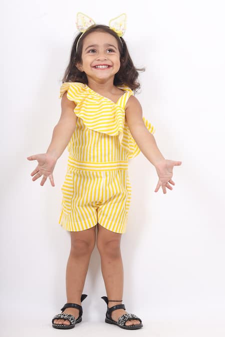 Maaikid Yellow Cotton Striped One Shoulder Playsuit