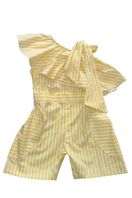 Maaikid_Yellow Cotton Striped One Shoulder Playsuit _Online_at_Aza_Fashions