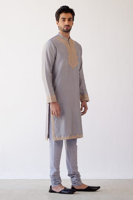 Shop_Devnaagri_Grey Chanderi And Cotton Dori Embrioidered Kurta Set _at_Aza_Fashions