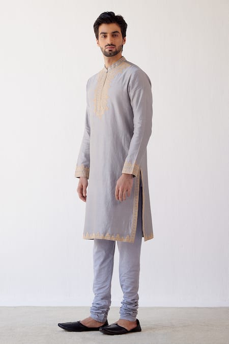 Devnaagri_Grey Chanderi And Cotton Dori Embrioidered Kurta Set _Online_at_Aza_Fashions