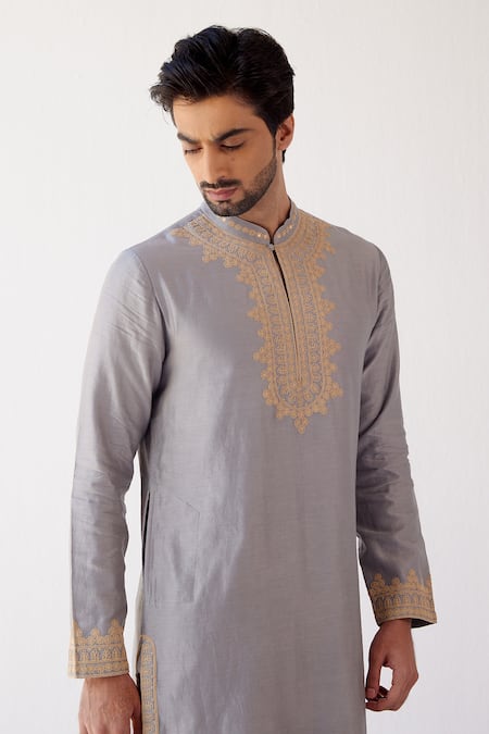 Buy_Devnaagri_Grey Chanderi And Cotton Dori Embrioidered Kurta Set _Online_at_Aza_Fashions