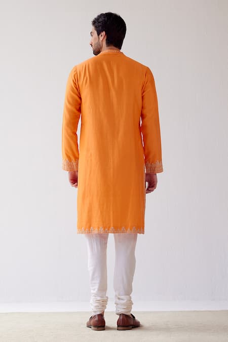 Shop_Devnaagri_Orange Chanderi And Cotton Dori Embrioidered Kurta Set _at_Aza_Fashions