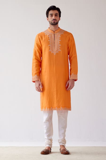 Devnaagri_Orange Chanderi And Cotton Dori Embrioidered Kurta Set _Online_at_Aza_Fashions