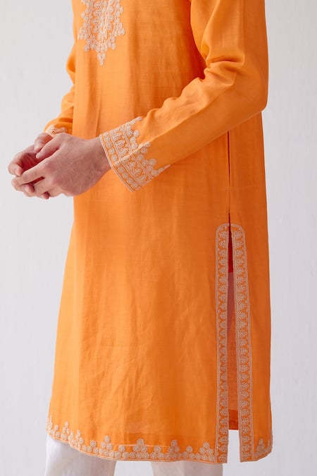 Buy_Devnaagri_Orange Chanderi And Cotton Dori Embrioidered Kurta Set _Online_at_Aza_Fashions