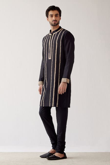 Devnaagri_Black Chanderi And Cotton Dori Embrioidered Kurta Set _Online_at_Aza_Fashions