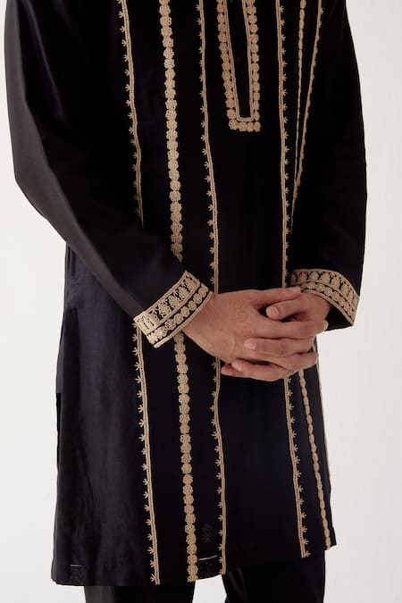 Buy_Devnaagri_Black Chanderi And Cotton Dori Embrioidered Kurta Set _Online_at_Aza_Fashions