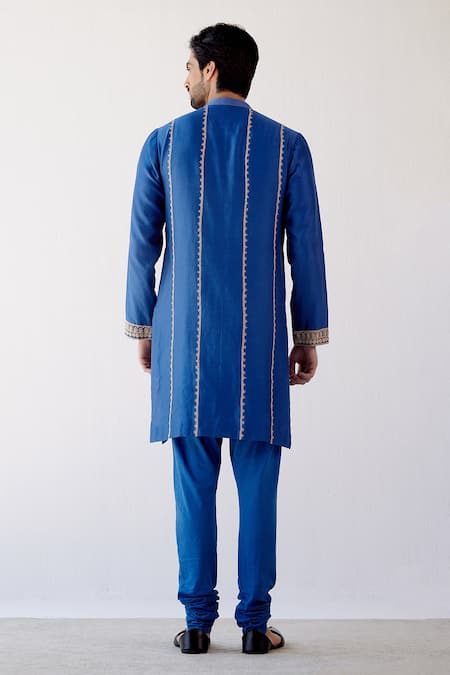 Shop_Devnaagri_Blue Chanderi And Cotton Dori Embrioidered Kurta Set _at_Aza_Fashions
