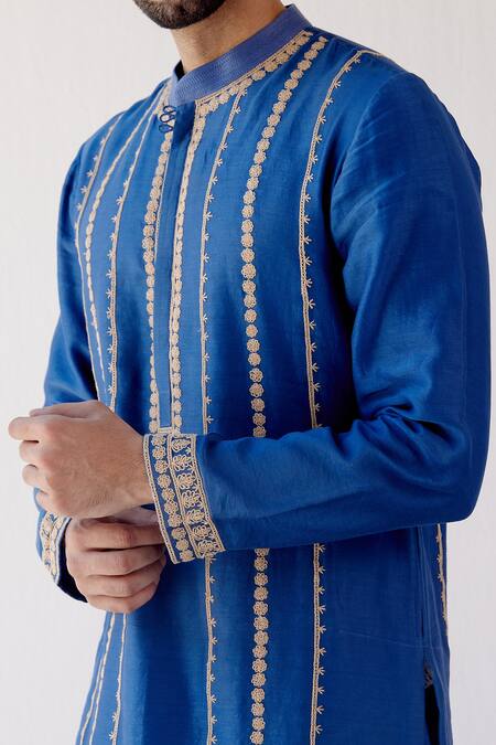 Devnaagri_Blue Chanderi And Cotton Dori Embrioidered Kurta Set _Online_at_Aza_Fashions