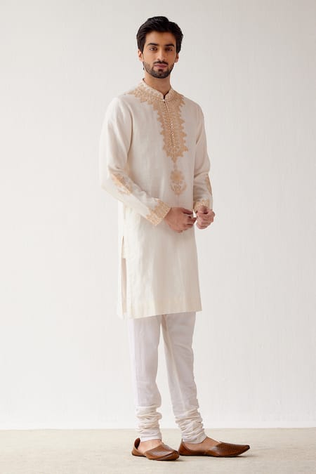 Devnaagri_Ivory Chanderi And Cotton Dori Embrioidered Kurta Set _Online_at_Aza_Fashions