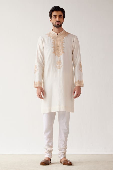 Buy_Devnaagri_Ivory Chanderi And Cotton Dori Embrioidered Kurta Set _Online_at_Aza_Fashions