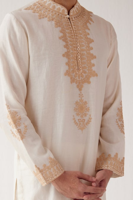 Shop_Devnaagri_Ivory Chanderi And Cotton Dori Embrioidered Kurta Set _Online_at_Aza_Fashions