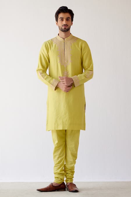 Devnaagri_Green Chanderi And Cotton Dori Embrioidered Kurta Set _Online_at_Aza_Fashions