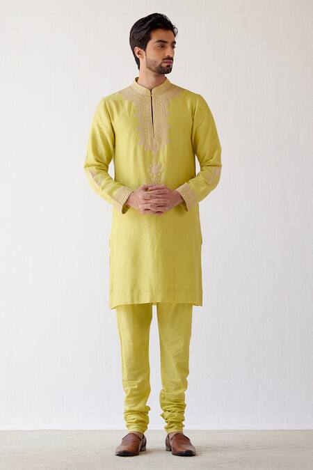 Devnaagri_Green Chanderi And Cotton Dori Embrioidered Kurta Set _at_Aza_Fashions