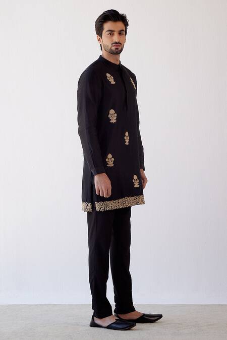 Devnaagri_Black Chanderi And Cotton Silk Blend Dori Embrioidered Kurta Set _Online_at_Aza_Fashions