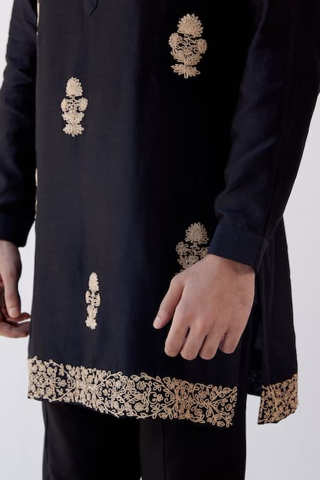Shop_Devnaagri_Black Chanderi And Cotton Silk Blend Dori Embrioidered Kurta Set _Online_at_Aza_Fashions