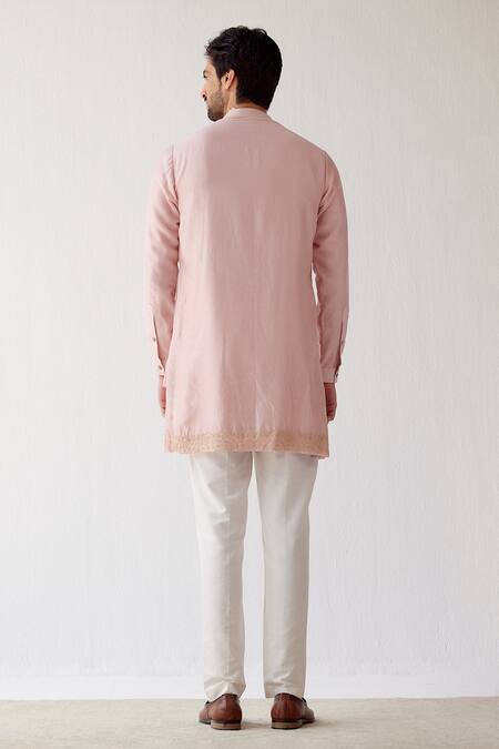 Shop_Devnaagri_Pink Chanderi And Cotton Silk Blend Dori Embrioidered Kurta Set _at_Aza_Fashions