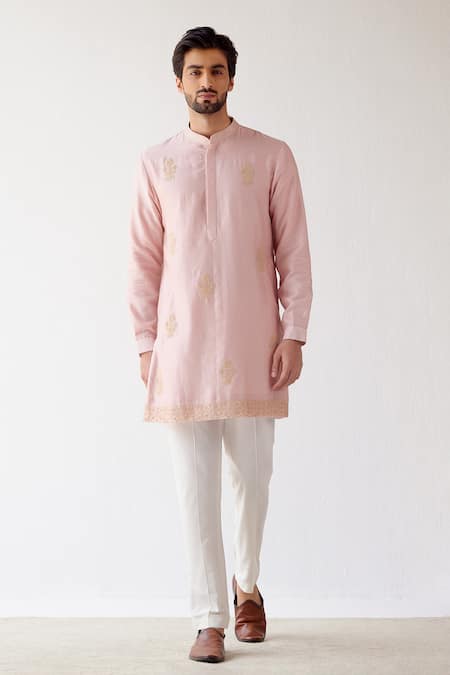 Devnaagri_Pink Chanderi And Cotton Silk Blend Dori Embrioidered Kurta Set _Online_at_Aza_Fashions