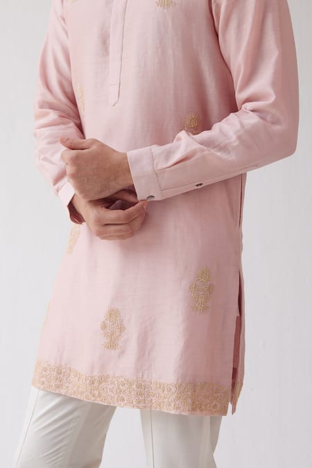 Buy_Devnaagri_Pink Chanderi And Cotton Silk Blend Dori Embrioidered Kurta Set _Online_at_Aza_Fashions