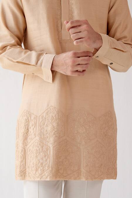 Buy_Devnaagri_Beige Chanderi And Cotton Silk Blend Dori Embrioidered Kurta Set _Online_at_Aza_Fashions
