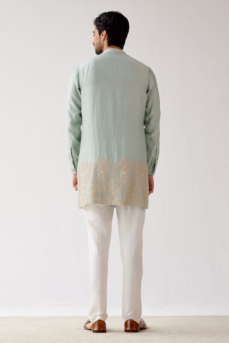 Shop_Devnaagri_Green Chanderi And Cotton Silk Blend Dori Embrioidered Kurta Set _at_Aza_Fashions