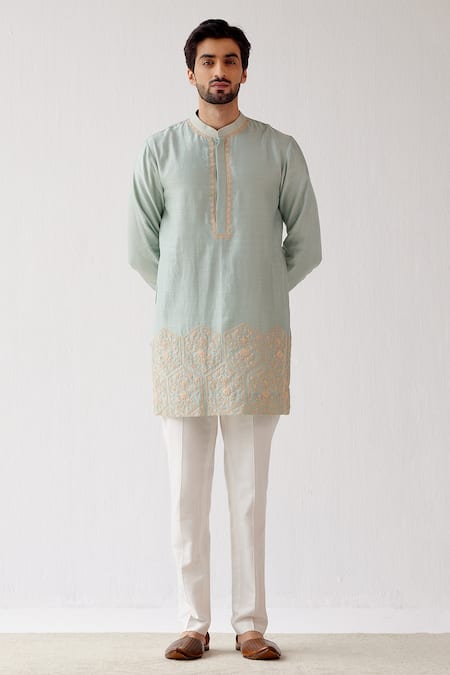 Devnaagri_Green Chanderi And Cotton Silk Blend Dori Embrioidered Kurta Set _Online_at_Aza_Fashions