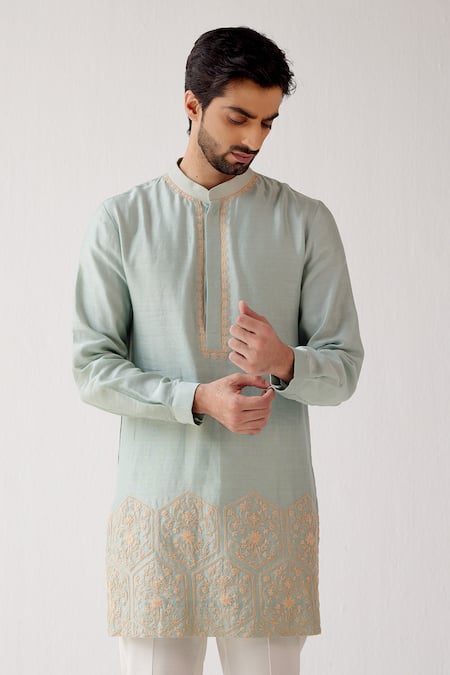 Buy_Devnaagri_Green Chanderi And Cotton Silk Blend Dori Embrioidered Kurta Set _Online_at_Aza_Fashions