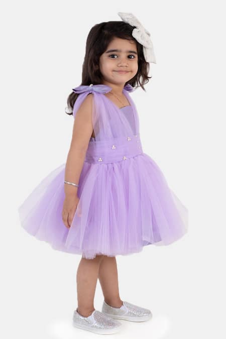 Miakki_Purple Net, Satin Pearls Pleated Ruffle Dress _Online_at_Aza_Fashions