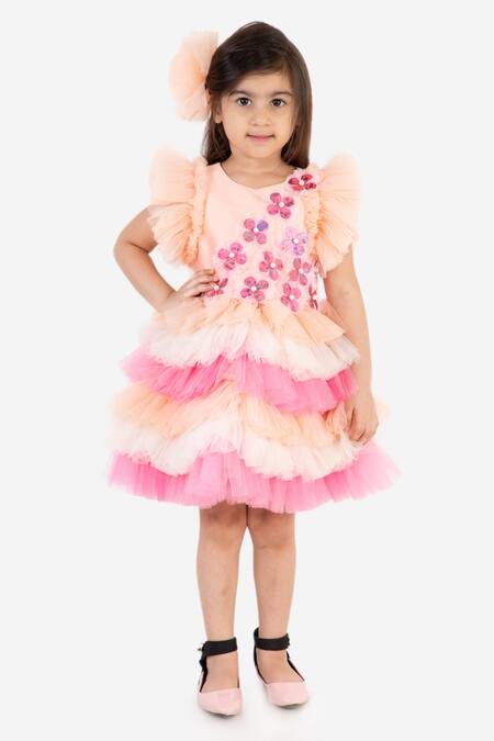 Miakki_Peach Net, Satin Sequins Floral Applique Ruffle Dress _Online_at_Aza_Fashions