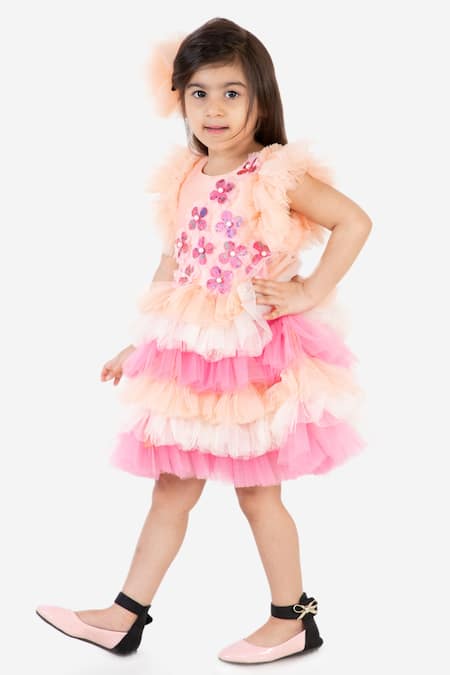 Buy_Miakki_Peach Net, Satin Sequins Floral Applique Ruffle Dress _Online_at_Aza_Fashions