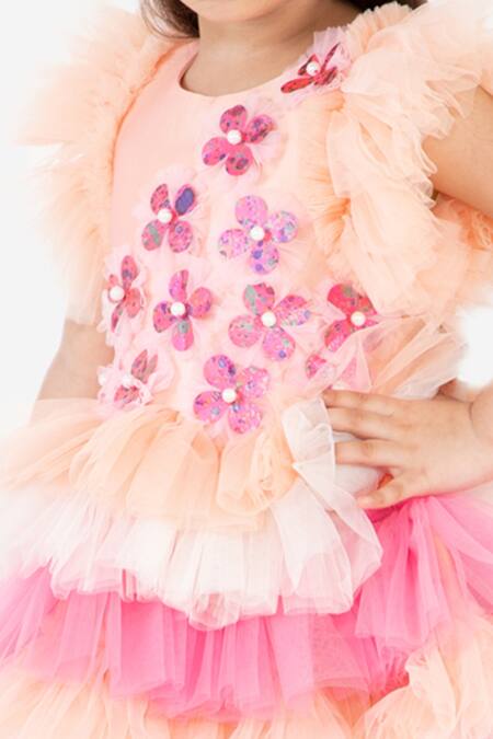 Shop_Miakki_Peach Net, Satin Sequins Floral Applique Ruffle Dress _Online_at_Aza_Fashions