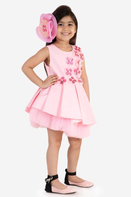 Miakki_Pink Net, Satin Sequins Floral Applique Ruffle Dress _Online_at_Aza_Fashions